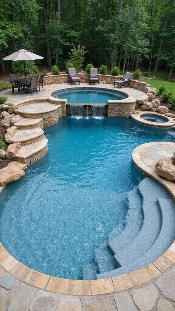 Backyard swimming pool with stone steps, hot tub, and lounge chairs surrounded by trees