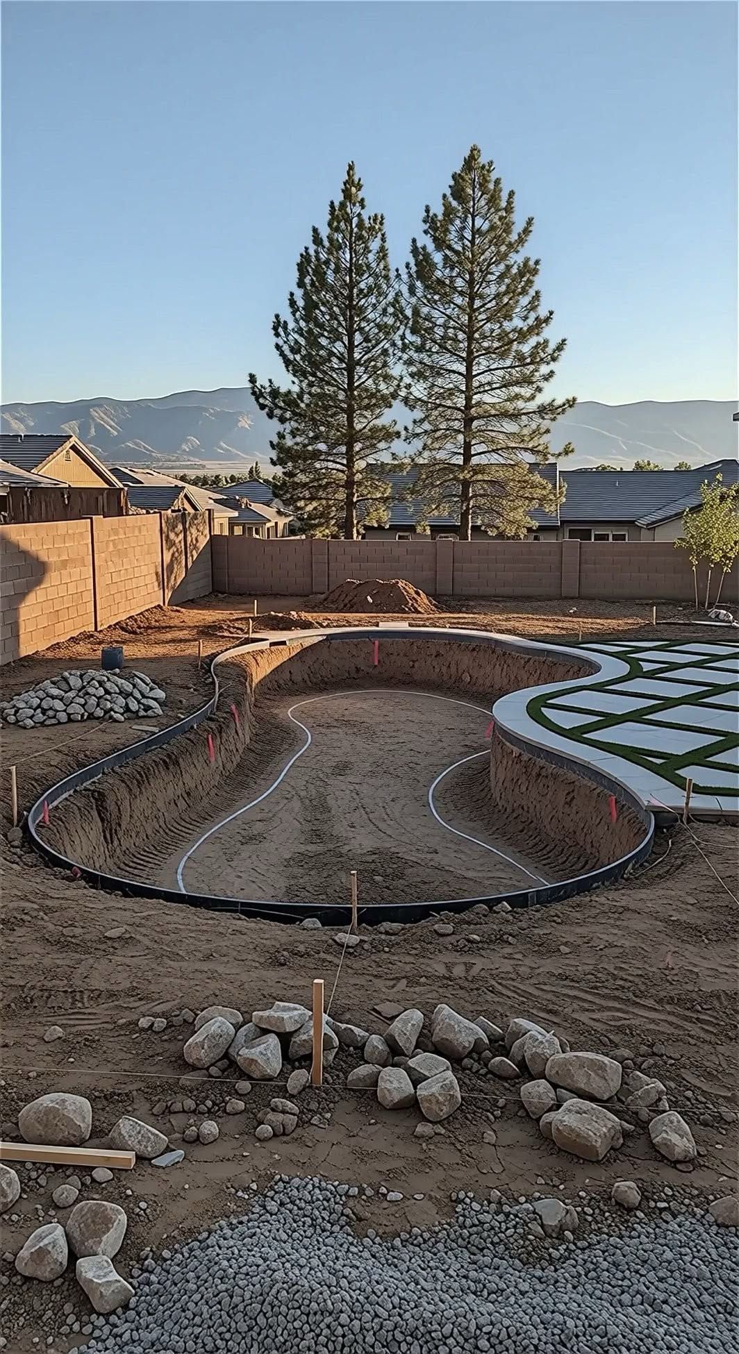Backyard landscape under construction with a curved gravel bed, pavers, rocks, and tall trees by a fence.