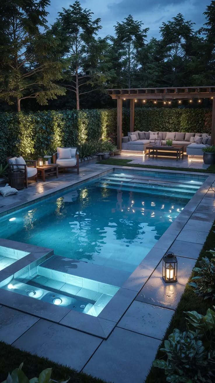 Luxury backyard pool at dusk with lit water, lounge chairs, pergola seating, and trees surrounding the patio
