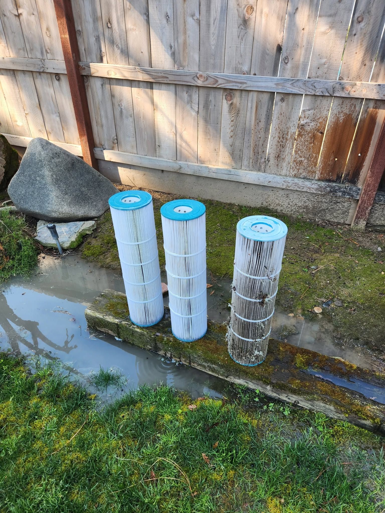 Three white utility pipes with blue tops beside a wooden fence and grassy yard.