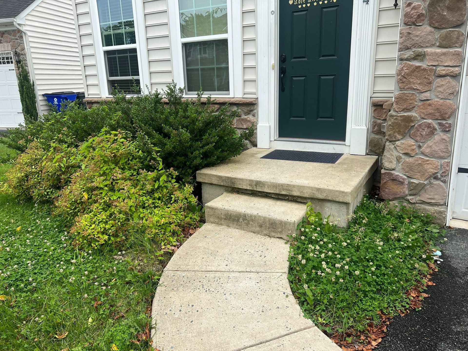 Front entrance with curved concrete walkway, two steps, dark green door, and shrubs beside a stone facade