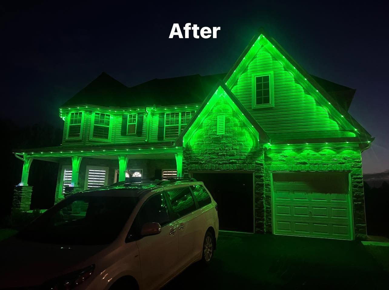 Neon green-lit suburban house at night with the word “After” above it and a parked white SUV in front