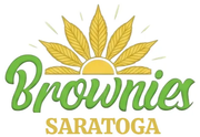 Brownies Saratoga logo with green script, gold sunburst, and stylized yellow leaf