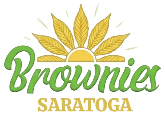 Brownies Saratoga logo with green script, gold sunburst, and stylized yellow leaf