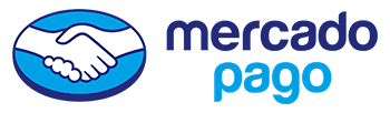 Logotipo de Mercado Pago con icono de apretón de manos azul y texto azul sobre fondo blanco