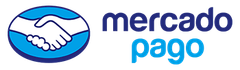 Logotipo de Mercado Pago con icono de apretón de manos azul y texto azul sobre fondo blanco