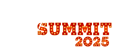 SUMMIT 2025 in a marquee-style font with warm, amber-colored lights.