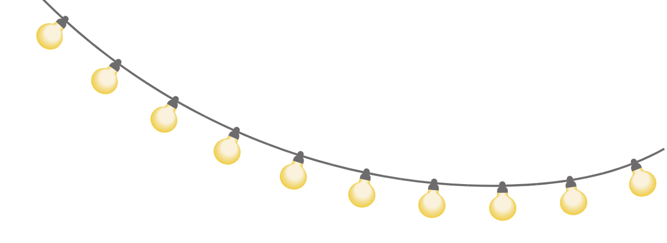 String of yellow-glowing lights hanging in a curved line, against a white background.