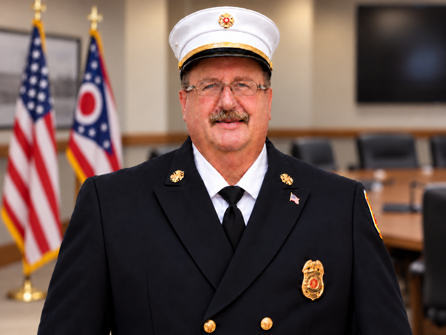 Man in fire department uniform, wearing a white hat, black jacket, and tie.