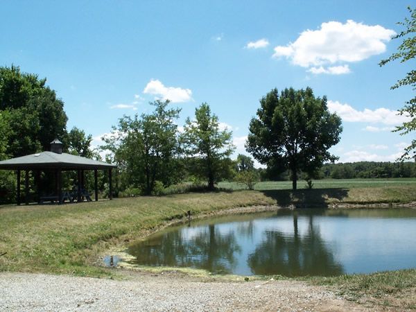 Gazebo overlooking a pond with trees and a field on a sunny day.