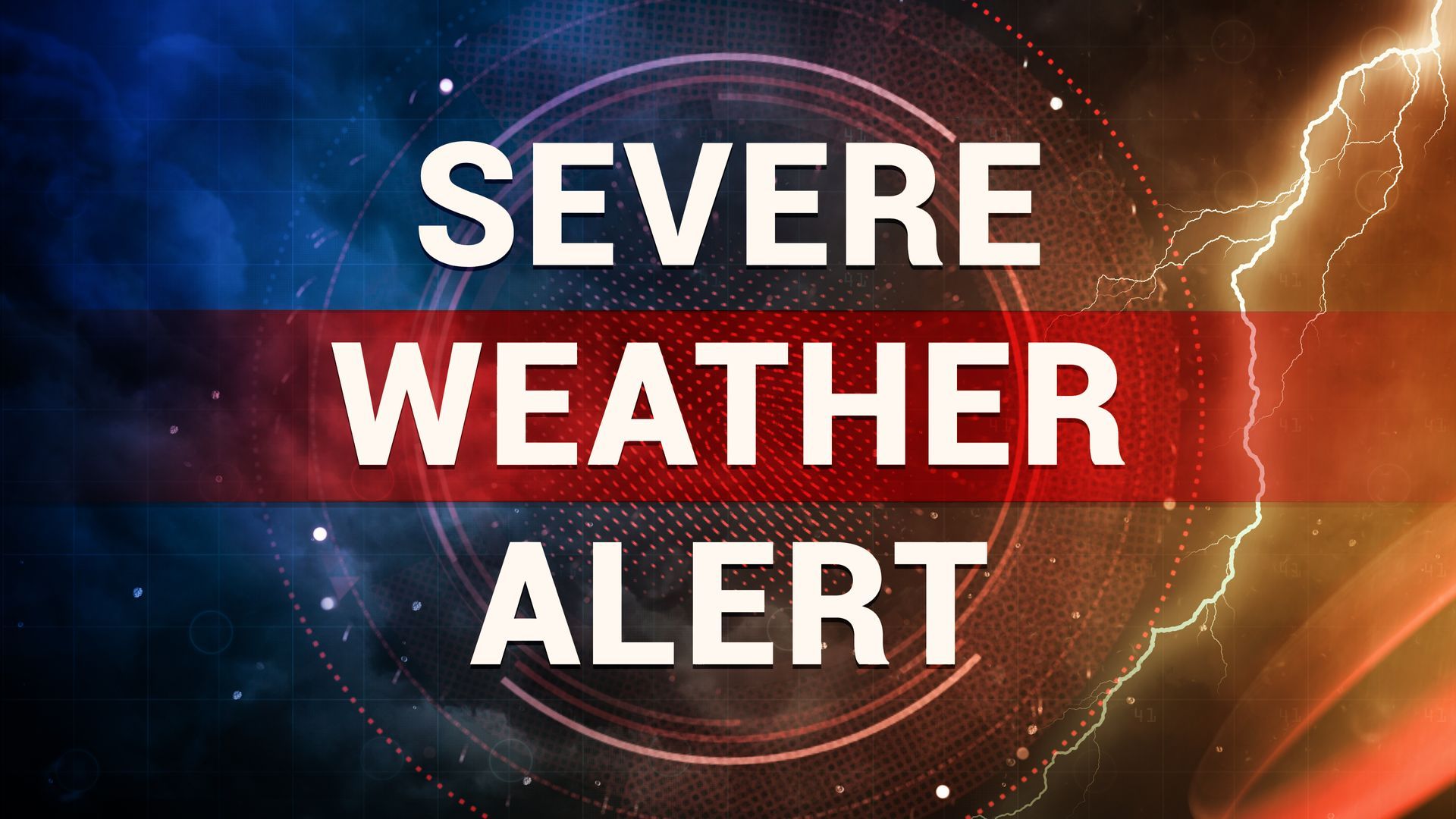 Severe weather alert with red banner and lightning.