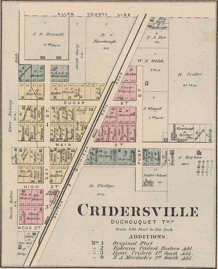 Map of Cridersville, Ohio, showing property plots and street layout. Contains various colors and handwritten labels.