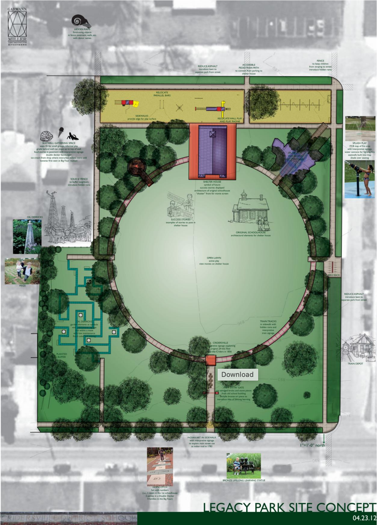 Aerial view of Legacy Park site plan, green open space with walking paths, trees, and play areas.
