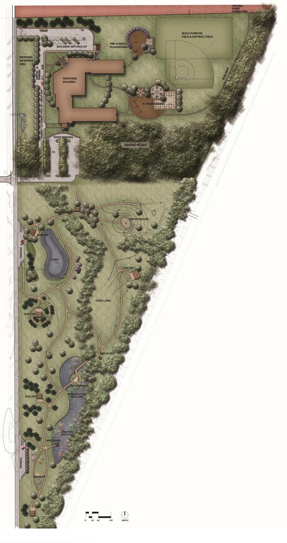 Architectural site plan of a property with buildings, ponds, trees, and landscaping, rendered in color.