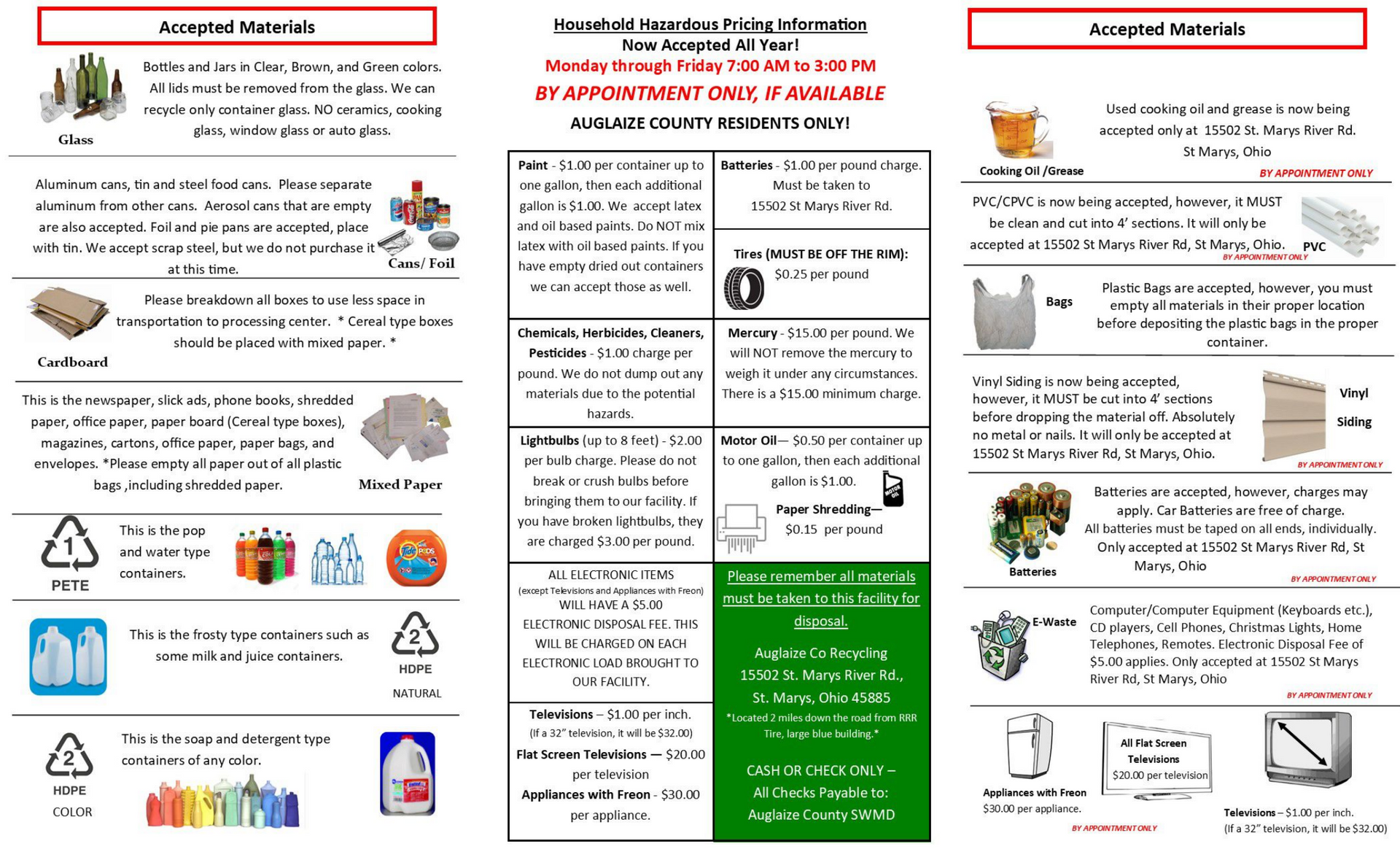 Tri-fold brochure about recycling with accepted and unaccepted materials, and drop-off information.