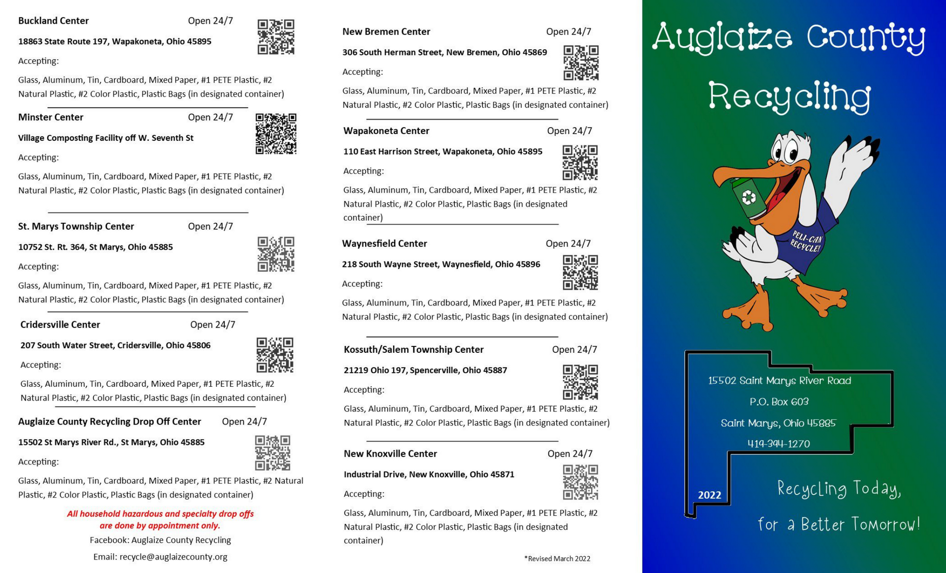 A brochure for Auglaize County Recycling with information on recycling locations and a cartoon pelican mascot.
