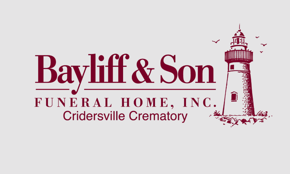 Bayliff & Son Funeral Home logo with text and lighthouse illustration in burgundy.