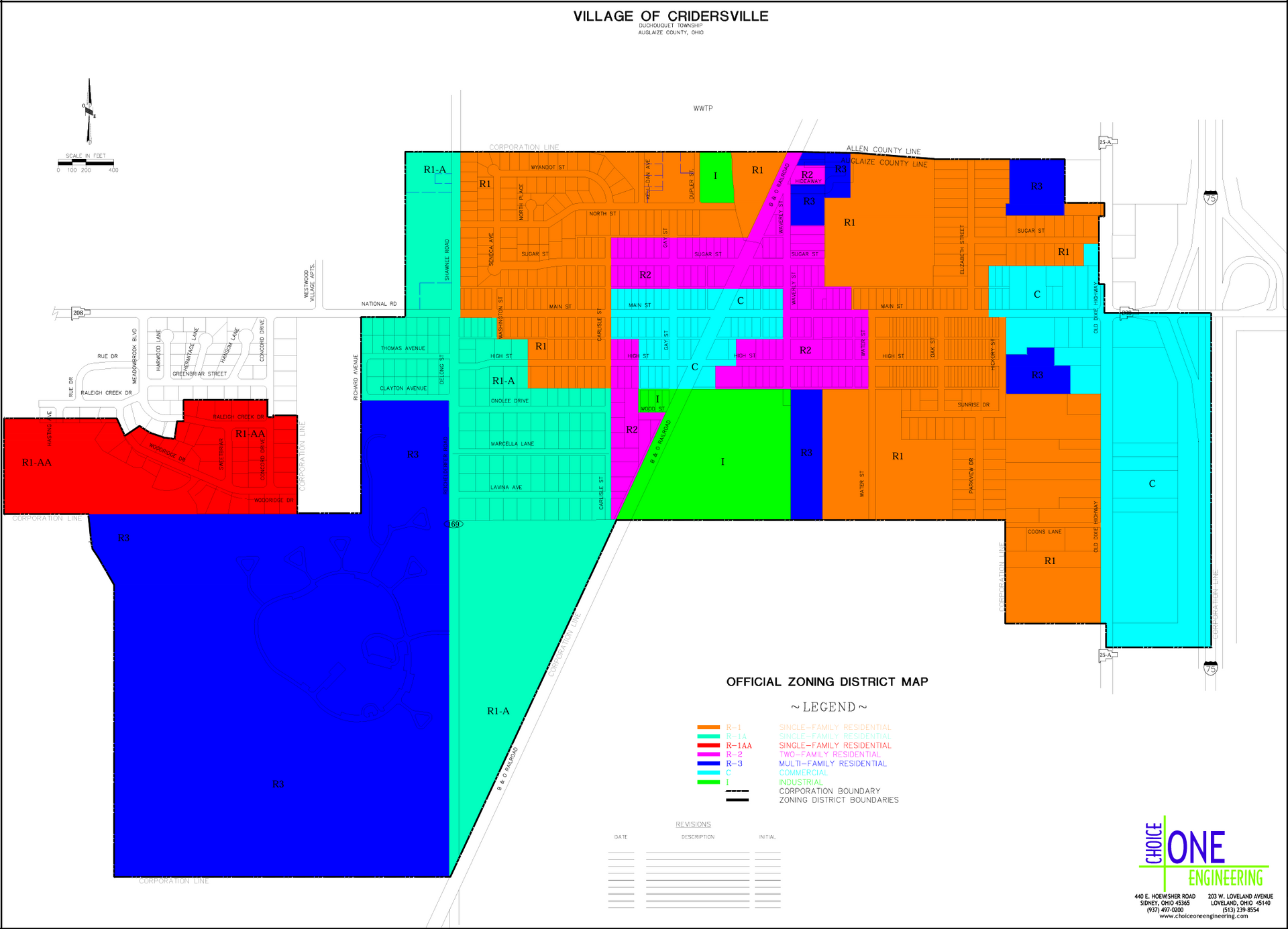 Plan of territory map showing color-coded land plots, with legend indicating property use.