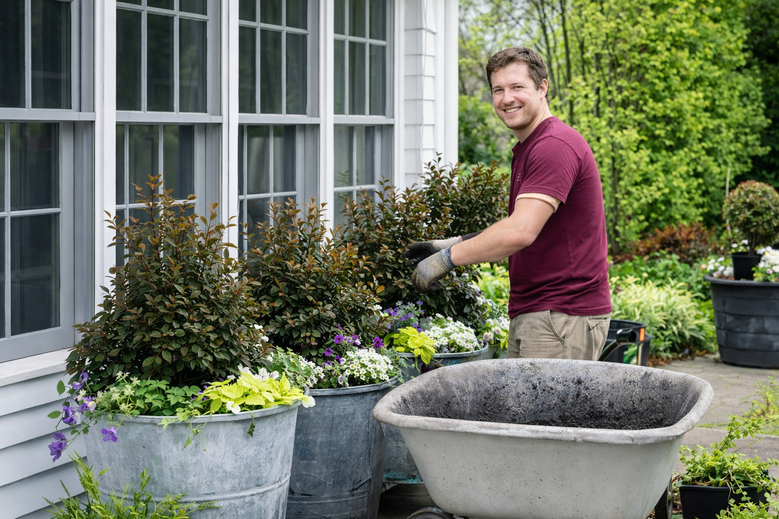 Gardener beside flower planters outside a house, smiling and holding a watering can.
