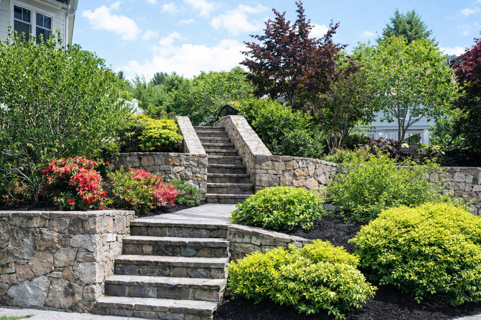 Stone garden steps and retaining walls amid lush green shrubs and red flowering bushes.