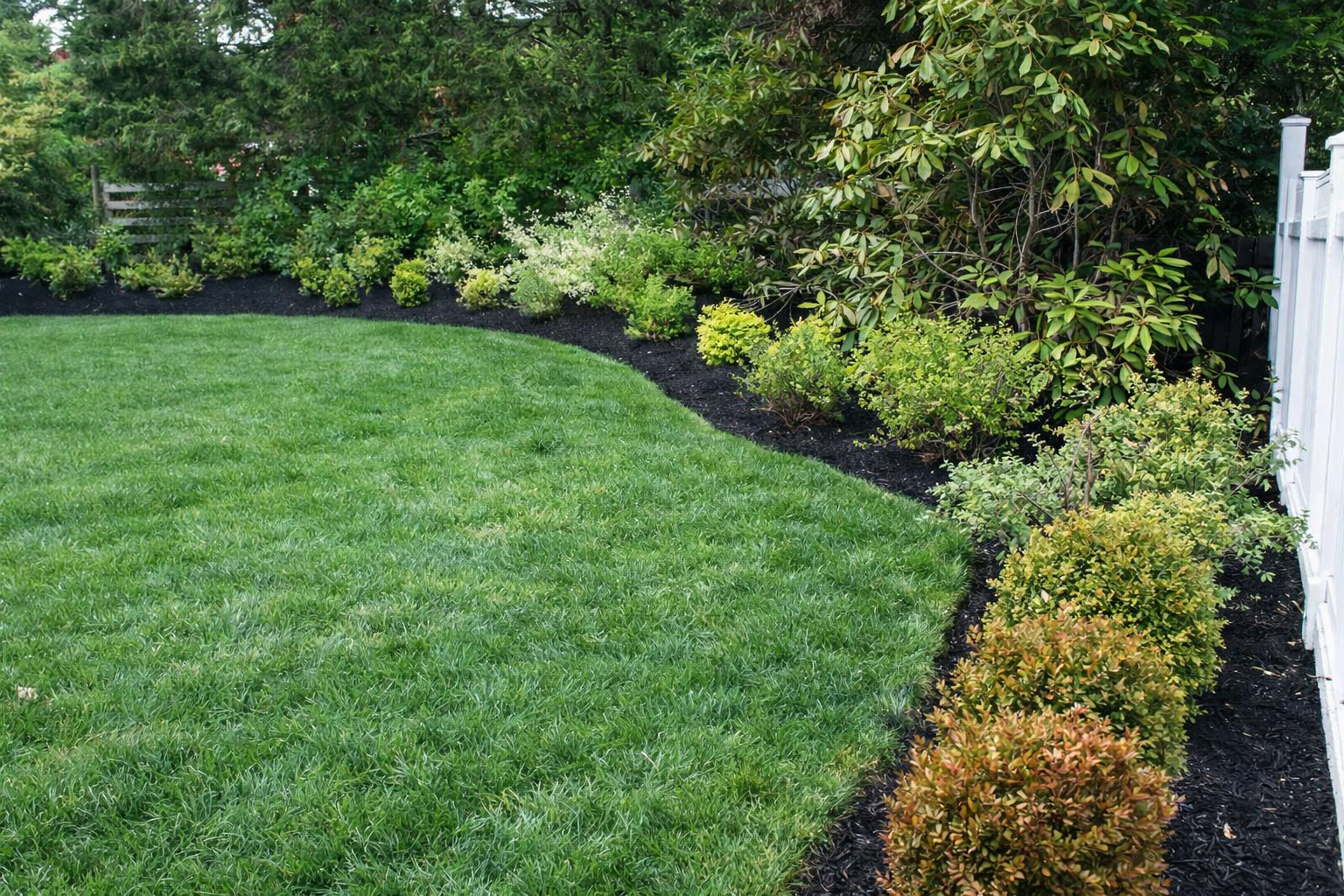 Curved garden bed with dark mulch, shrubs, and green lawn beside a white fence