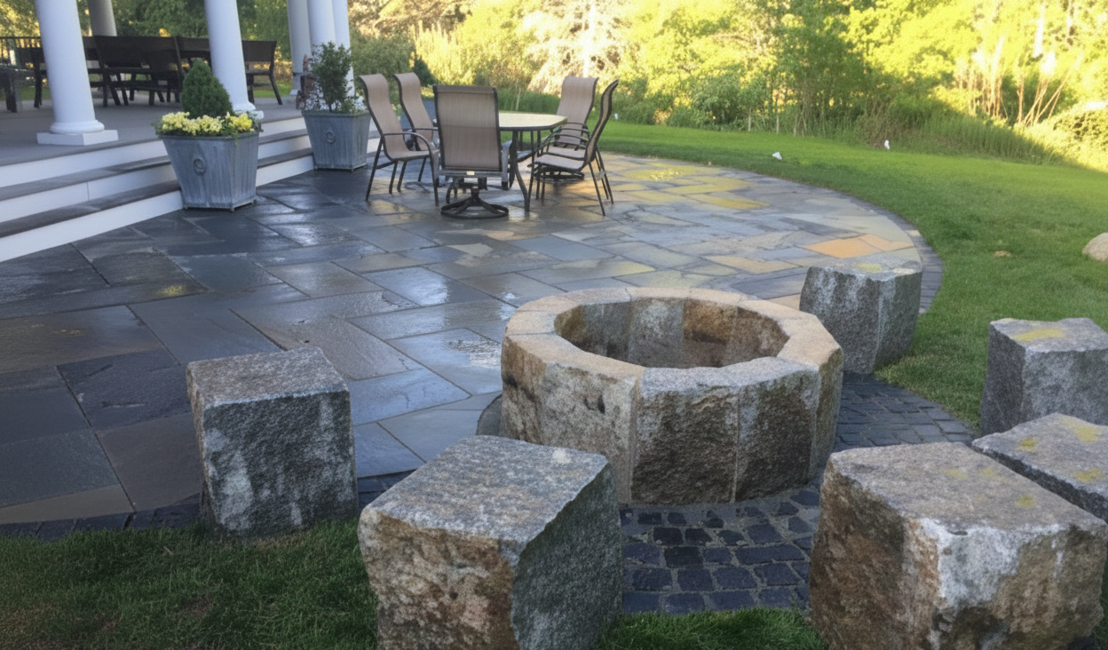 Stone patio with chairs and a fire pit beside a grassy backyard and porch columns