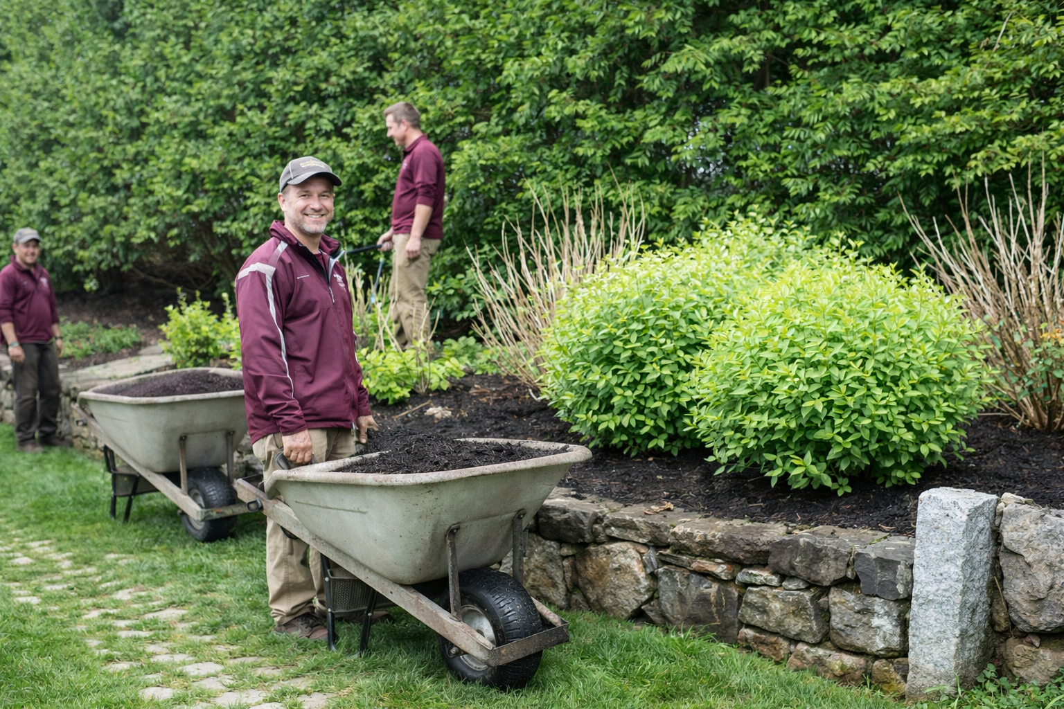 Three workers pushing wheelbarrows of soil along a garden path beside a stone wall and shrubs