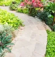 Curved stone garden path bordered by lush green and red tropical plants