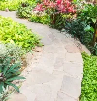 Curved stone garden path bordered by lush green and red tropical plants