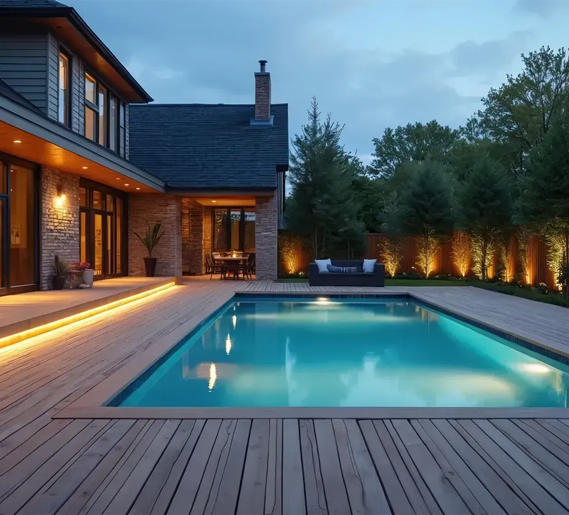 Modern house with a wooden deck and lit backyard swimming pool at dusk