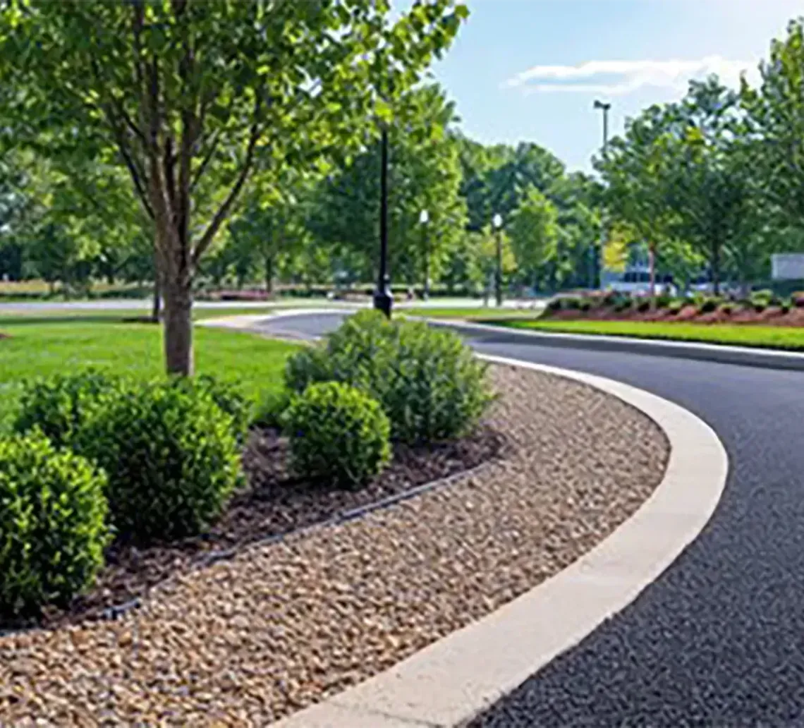 Curved asphalt driveway lined with green shrubs and trees beside a modern building