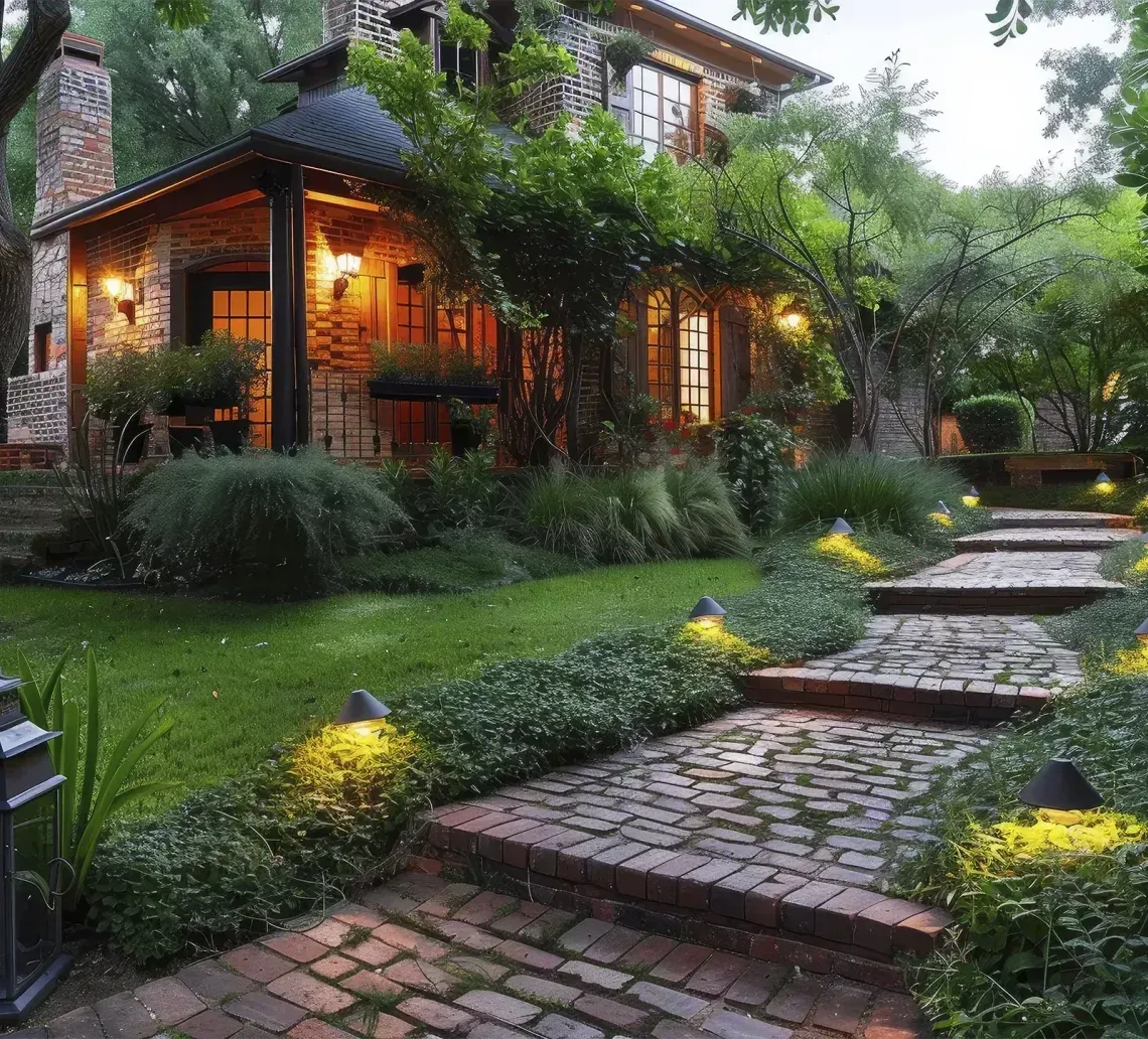 Cozy lit house with a stone path, glowing garden lights, and lush greenery at dusk