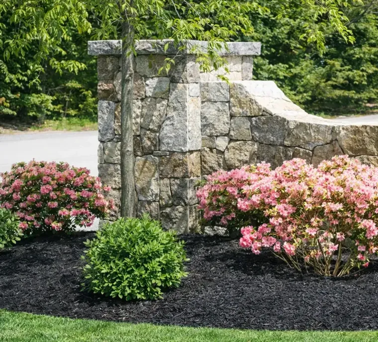 Stone garden wall with pink flowering shrubs and a round green bush in a mulched landscaped bed