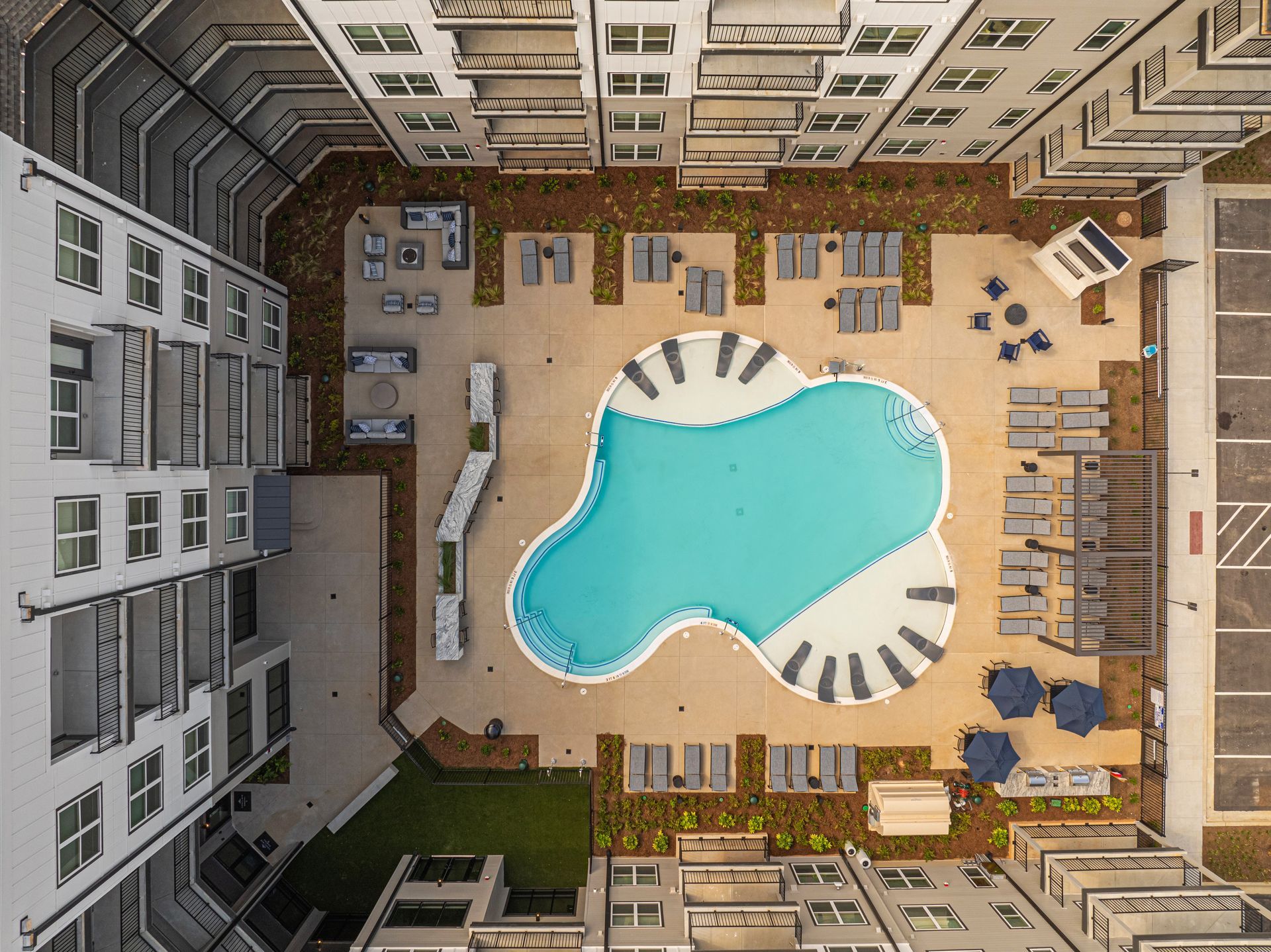 Aerial swimming pool shot at Conclave Sugar Hill. 