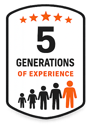 “5 Generations of Experience” badge with stars and five people icons, one highlighted in orange