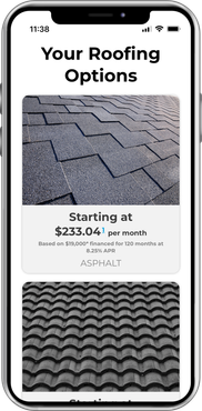 Roofing ad on a smartphone screen showing shingle options and pricing starting at $233.04 per month.