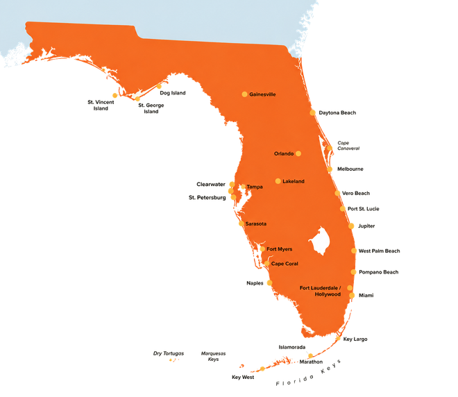 Orange Florida map with city labels on a white background