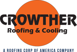 Crowther Roofing & Cooling logo with orange circle and black text, “A Roofing Corp of America Company”
