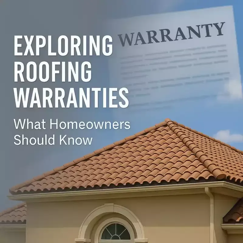 Roofing warranty explainer with a terracotta tile roof and headline text on a blue background