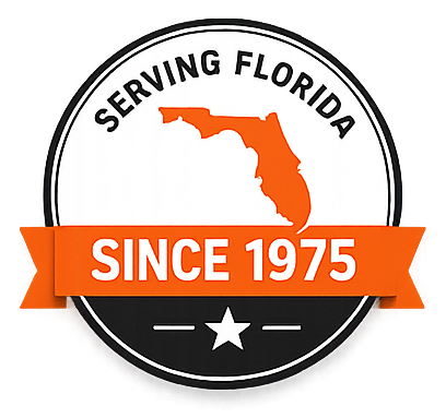 Logo with Florida silhouette, “Serving Florida” and “Since 1975” on orange and black badge