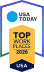 USA Today Top Workplaces 2026 award badge with blue and gold shield and USA logo