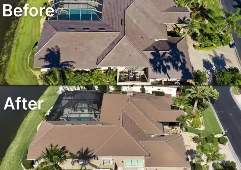 Aerial before-and-after of a house roof showing a new solar panel installation.