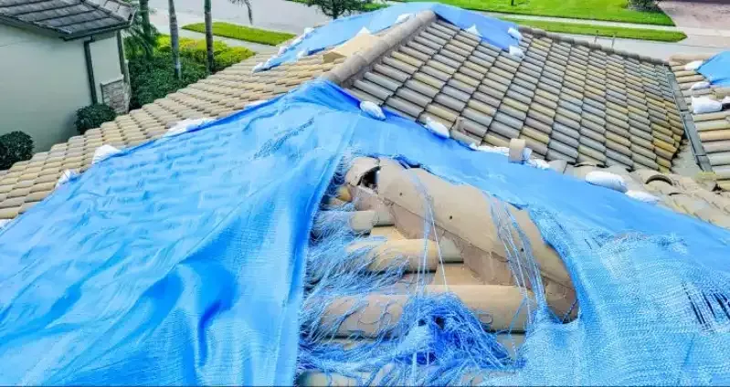 Blue tarp covering rooftop damage on a tile roof, with exposed wooden beams underneath.