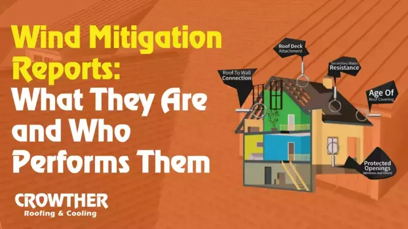 Wind mitigation report infographic with house diagram and labels on a brown background
