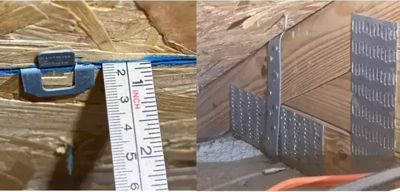 Carpenter’s level and tape measure marking the height of a wooden step or wall frame with metal brackets