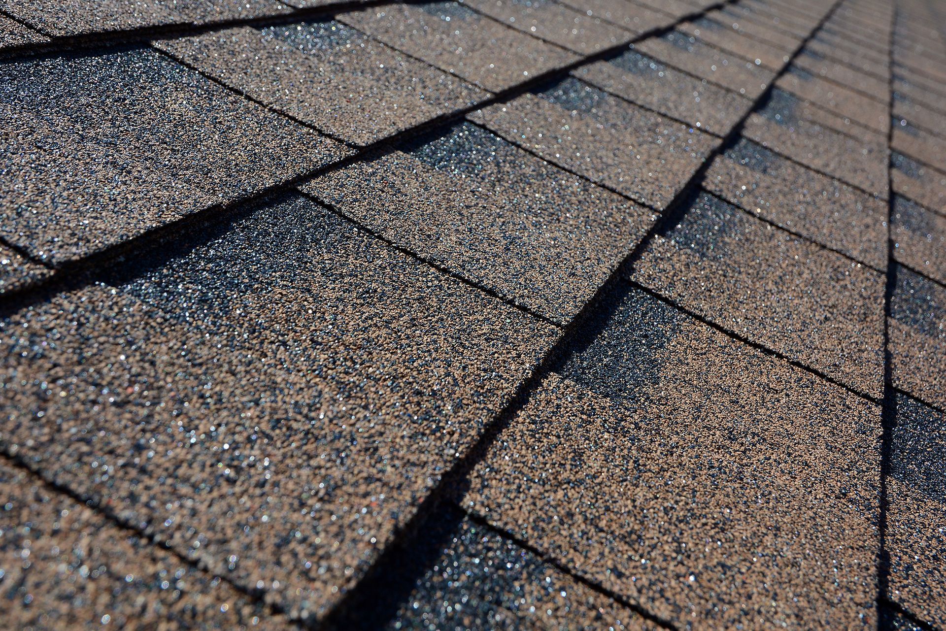 Close-up of weathered asphalt roof shingles with dark seams in sunlight