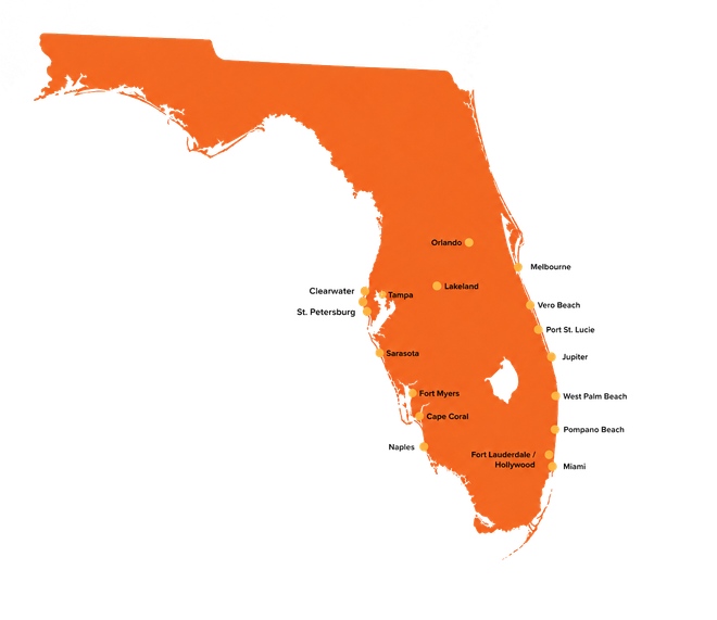 Orange Florida map with city labels on a white background