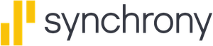 Synchrony logo with yellow bars and gray wordmark on a white background