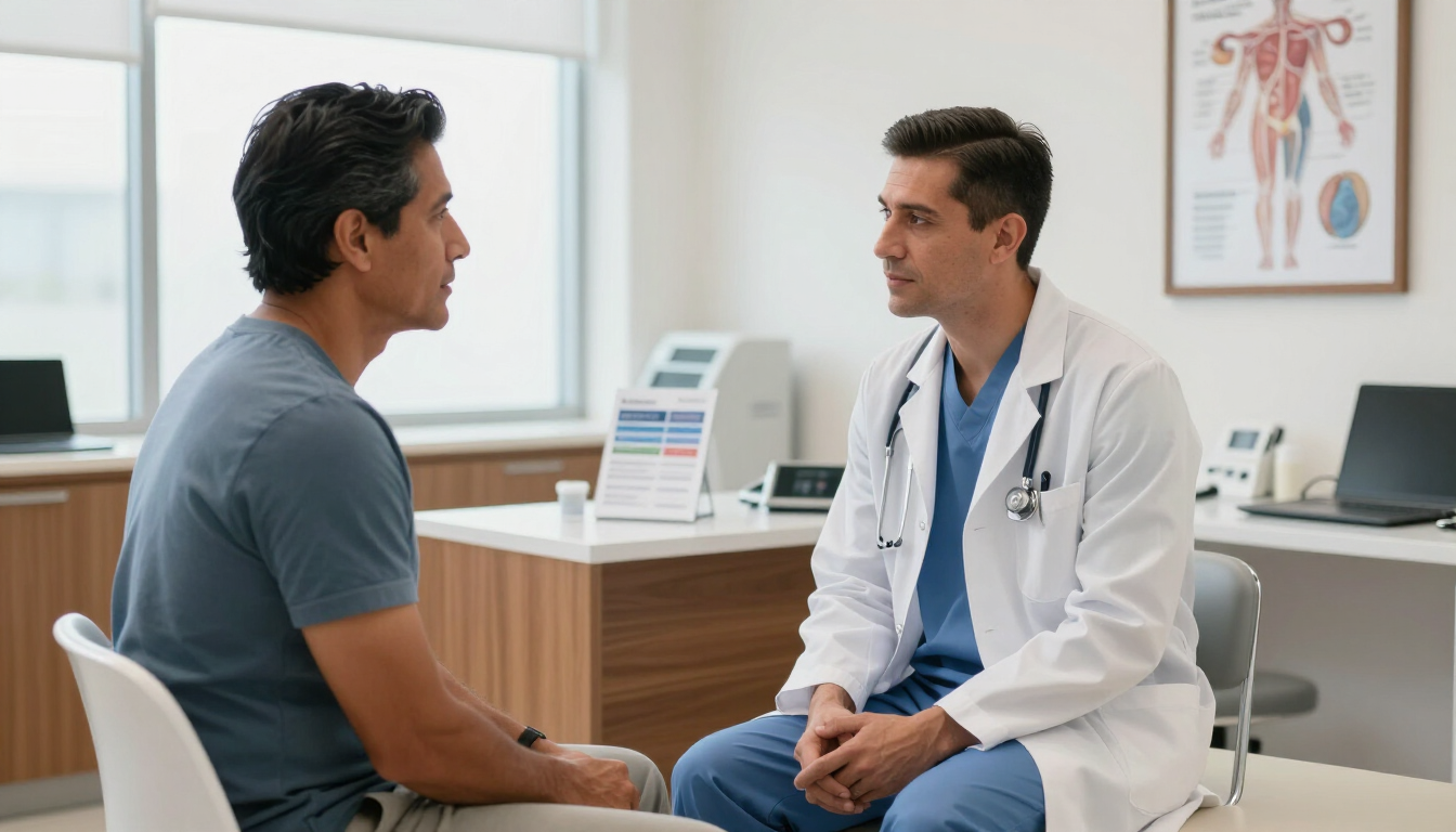 Paciente recibiendo orientación médica sobre vasectomía sin bisturí en una clínica urológica