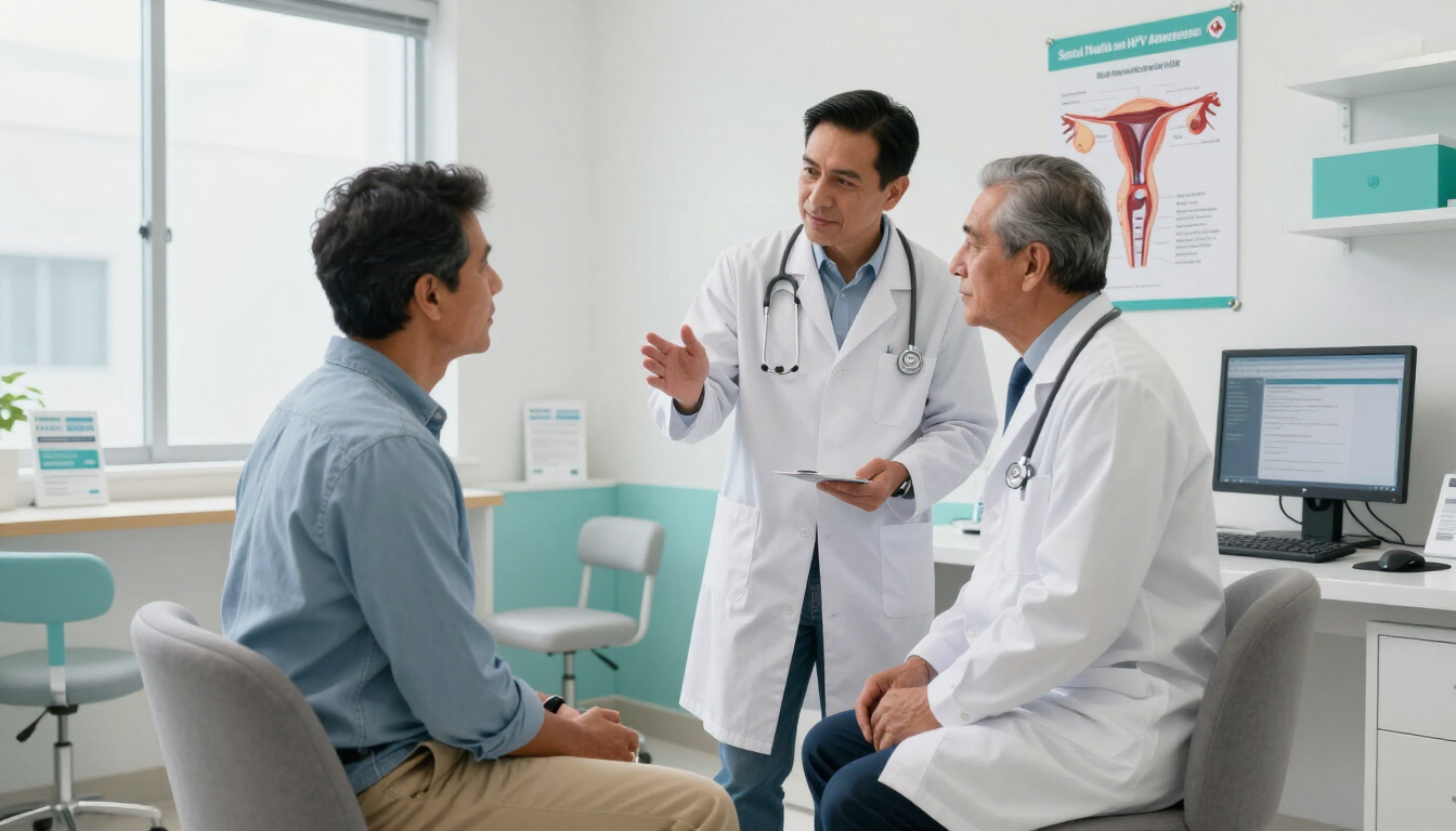 Médico urólogo explicando información sobre VPH a un paciente en consultorio